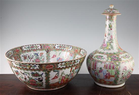 A  famille rose punch bowl and a similar bottle vase and cover